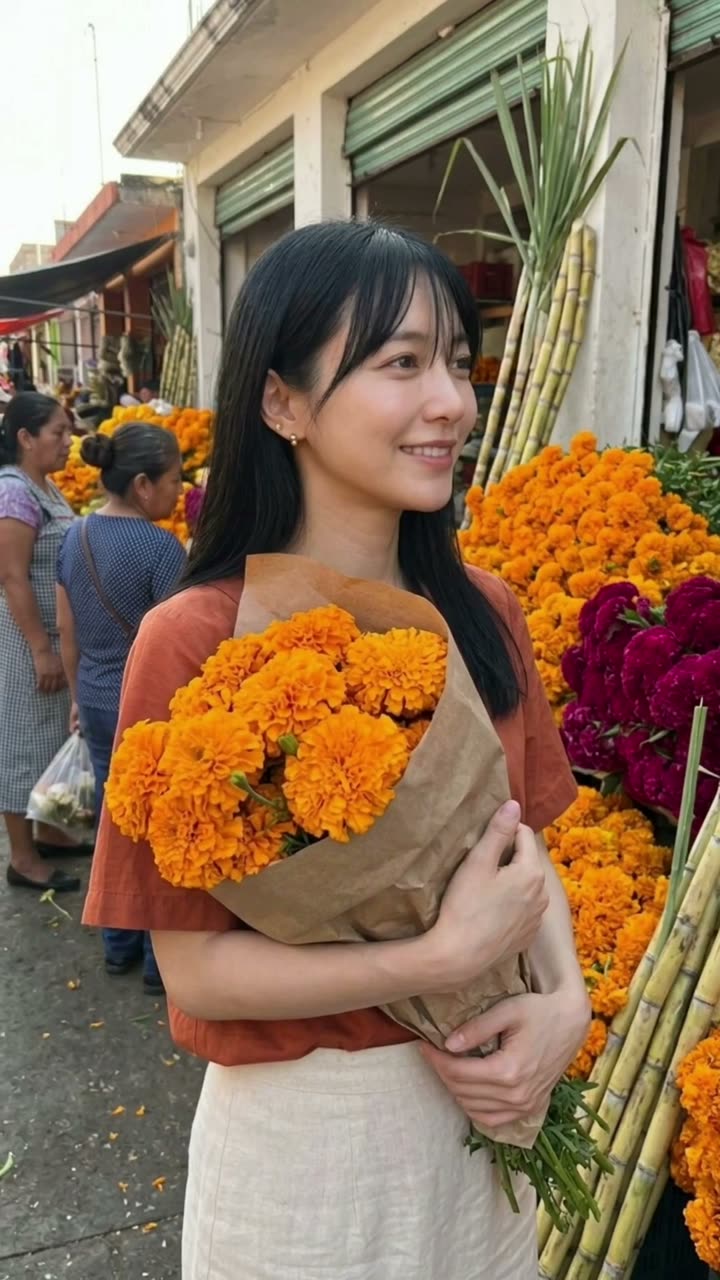 Rena holding marigolds before Day of the Dead, Mexico